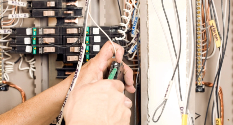 Close-up of hands connecting an electrical wire to a circuit breaker inside an open electrical panel.